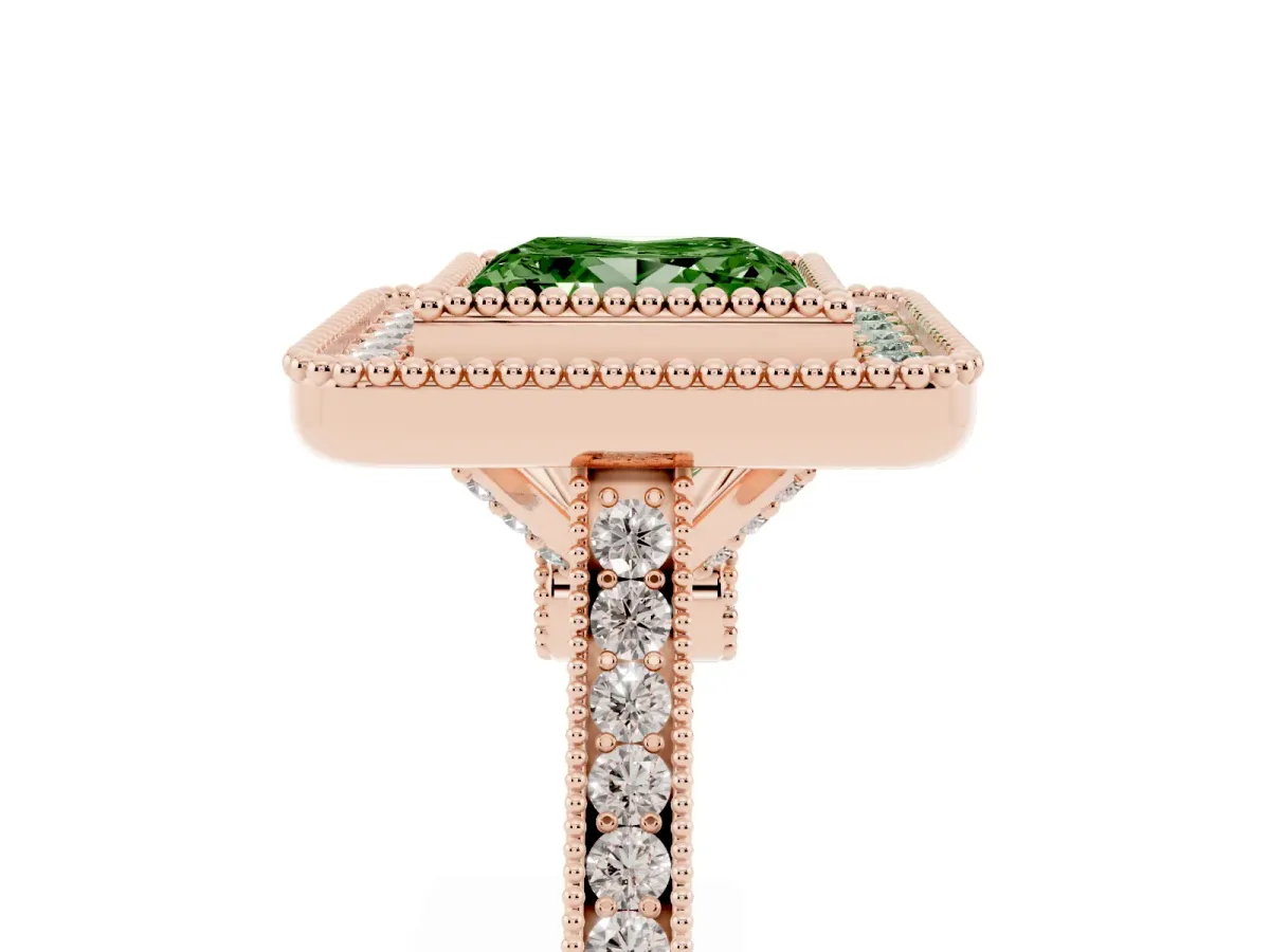 Fancy Green Princess Cut Diamond Halo Ring with Milgrain Frame and Pavé Band Rose gold