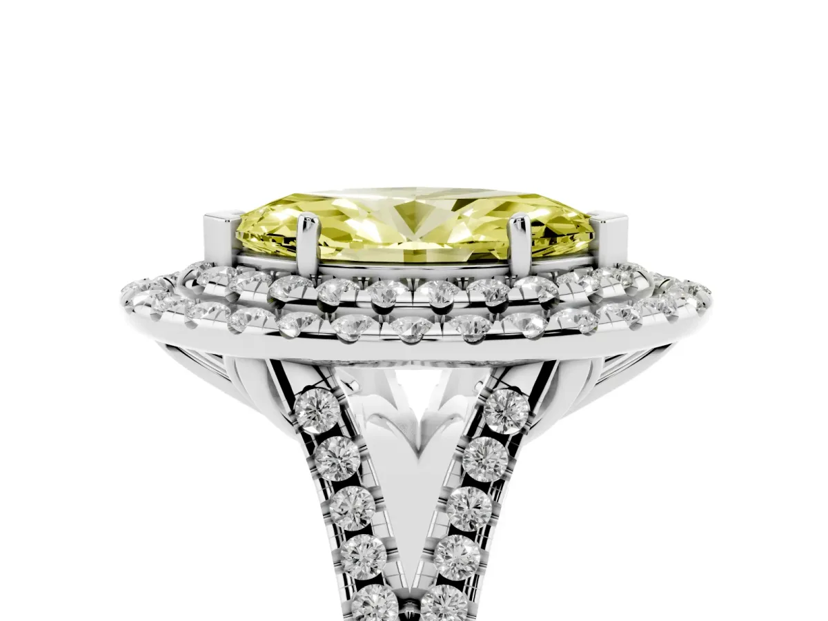 Fancy Yellow Double Halo Marquise Cut Diamond Pavé Split Shank Ring with Prong Setting Silver