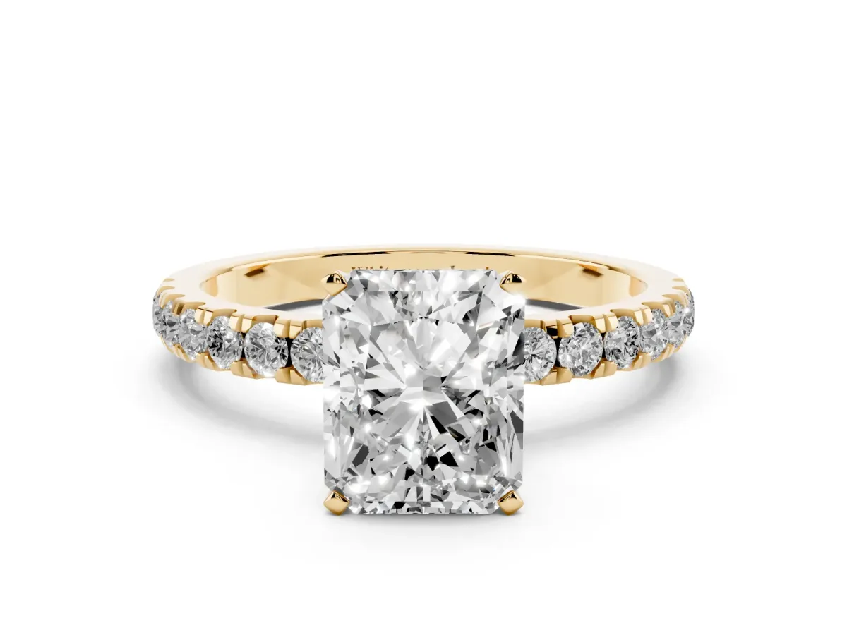 Radiant Cut Diamond Solitaire Ring with Pavé Accents and Four-Prong Setting Yellow gold