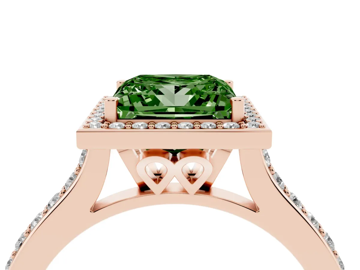 Fancy Green Princess Cut Diamond Halo Engagement Ring with Round Pavé Shoulders and Prong Setting Rose gold