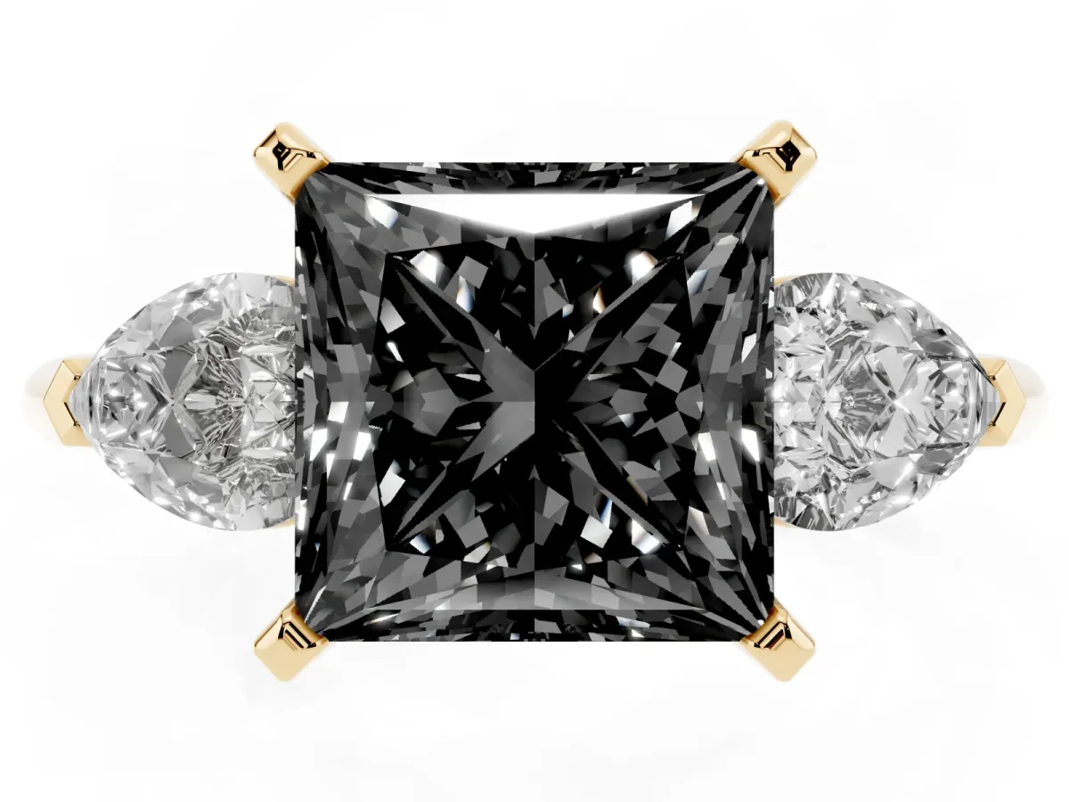 Fancy Black Three-Stone Princess Cut Diamond Ring with Pear Side Stones and Four-Prong Setting Yellow gold