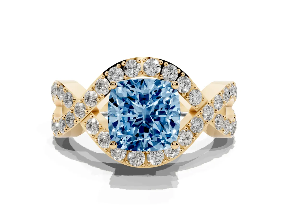 Fancy Blue Cushion Cut Solitaire Twist Band Pavé Diamond Engagement Ring Yellow gold