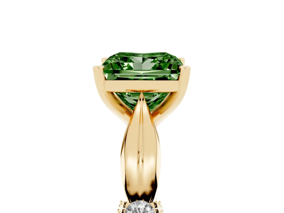 Fancy Green Princess Cut Solitaire Diamond Twisted Band with Four-Prong Setting Yellow gold