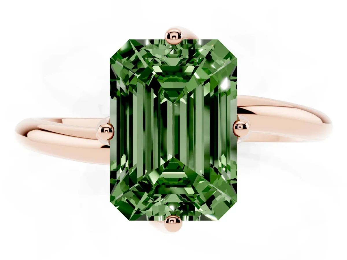 Fancy Green Emerald Cut Diamond Solitaire Engagement Ring with Four-Prong Setting and Classic Band Rose gold