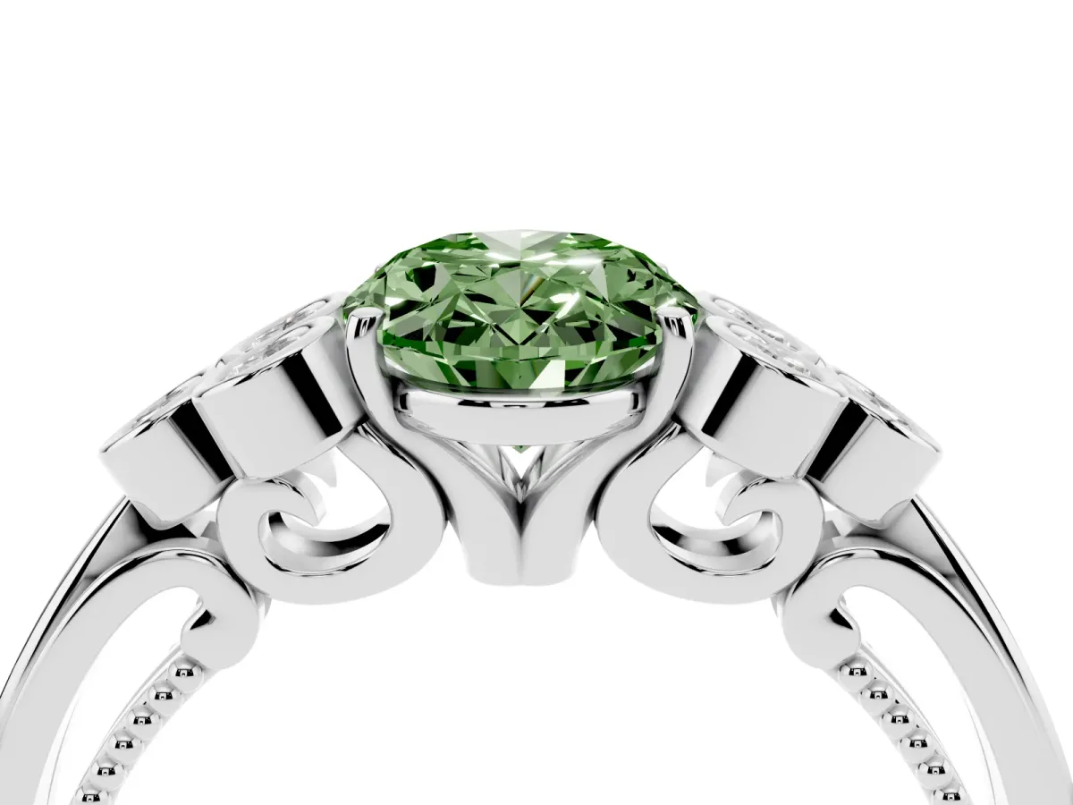 Fancy Green Oval Cut Cut Diamond Engagement Ring with Bezel Set Round Side Stones and Prong Setting Silver