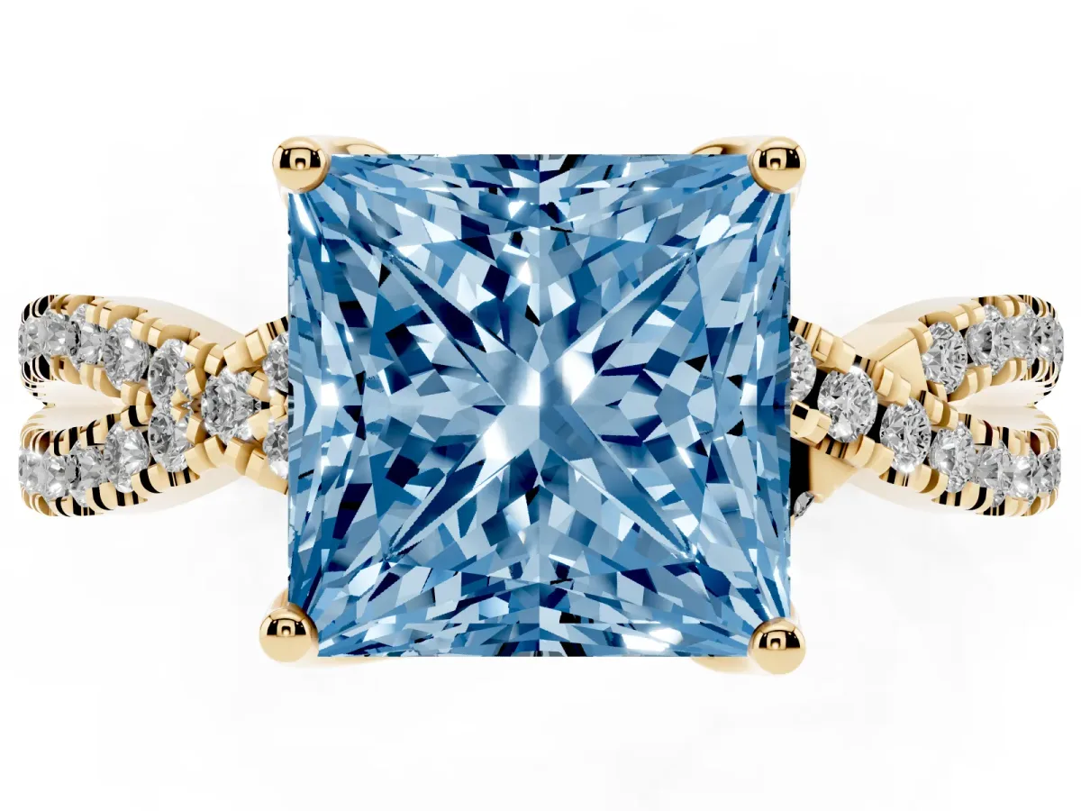 Fancy Blue Princess Cut Solitaire Twist Pave Diamond Engagement Ring with Prong Setting Yellow gold