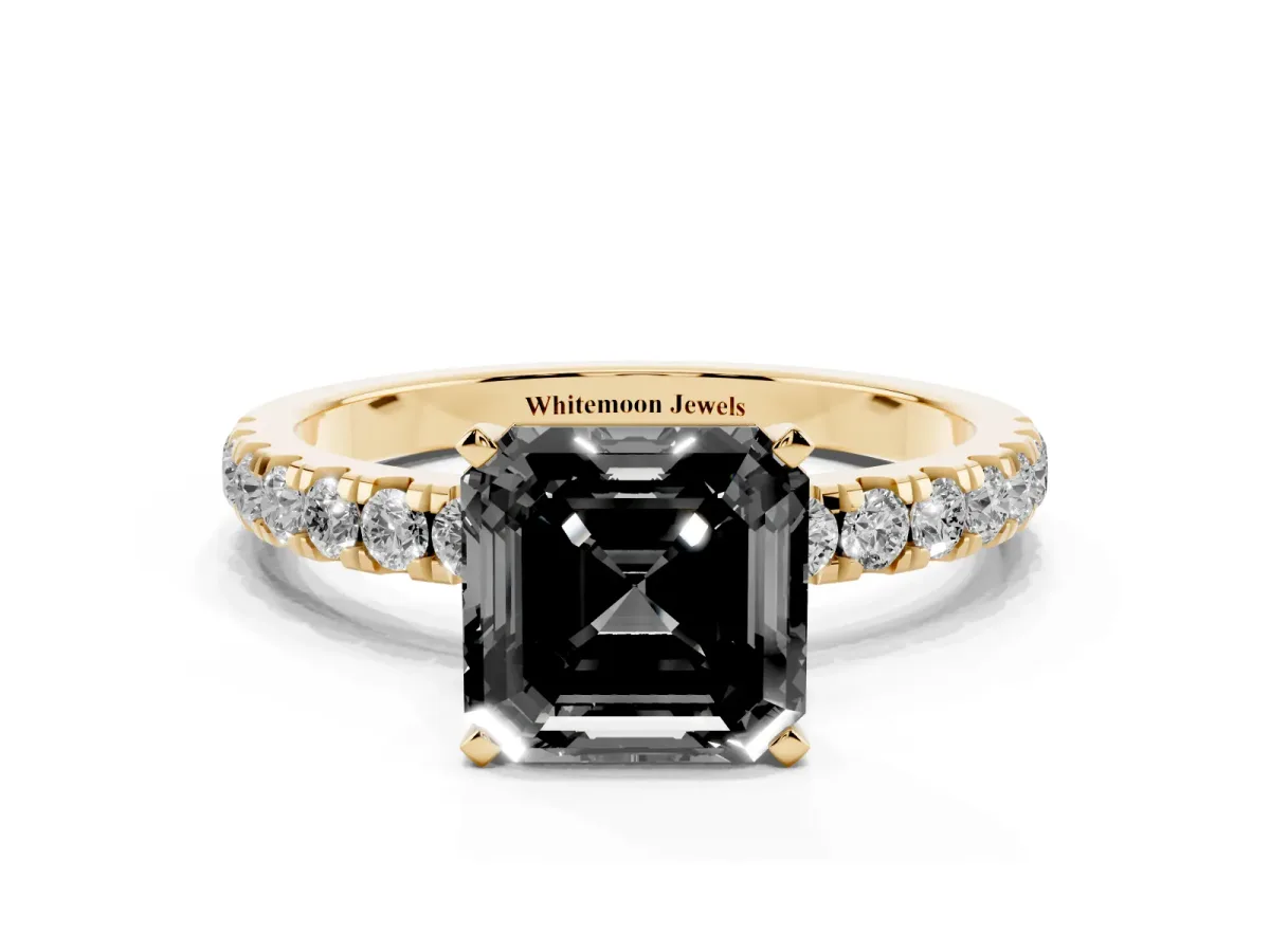 Fancy Black Asscher Cut Diamond Solitaire Ring with Pavé Accents and Four-Prong Setting Yellow gold