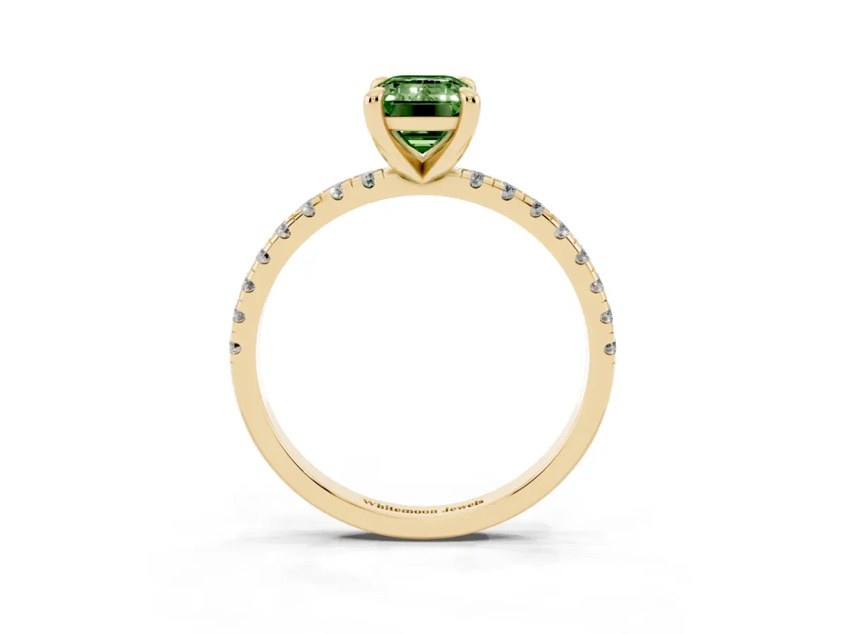 Fancy Green Emerald Cut Diamond Brilliant Solitaire Ring with Pavé Band and Four-Prong Setting Yellow gold