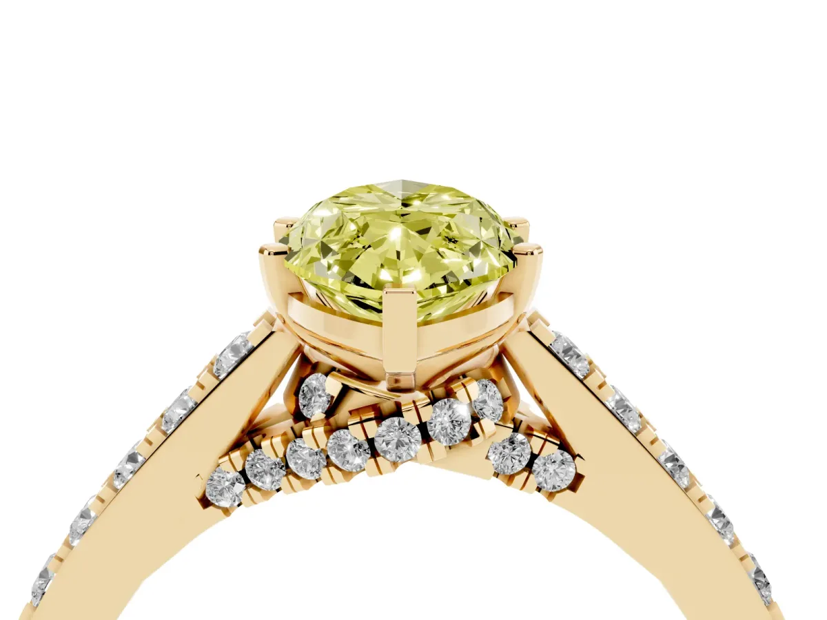 Fancy Yellow Marquise Cut Diamond Solitaire Ring with Crossover Gallery and Round Pavé Band Yellow gold