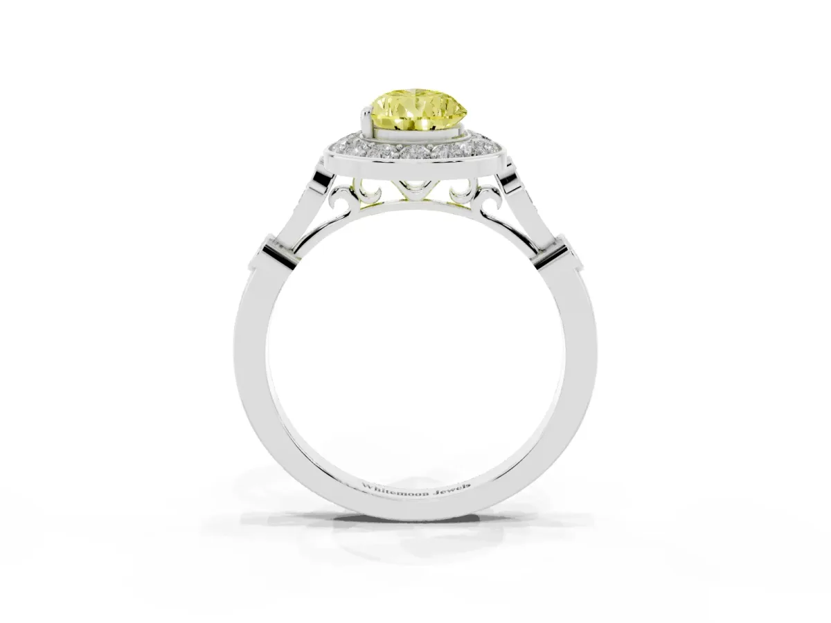 Fancy Yellow Pear Cut Halo Diamond Engagement Ring with Twisted Band and Four-Prong Setting Platinum