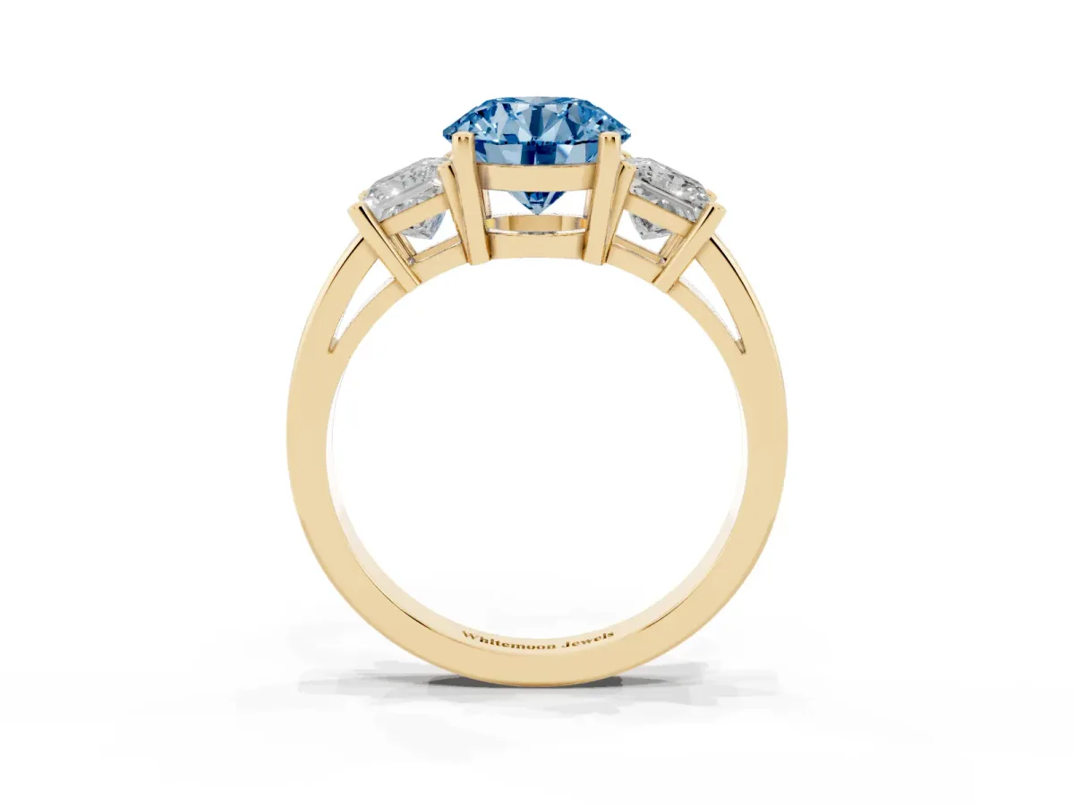 Fancy Blue Three-Stone Round Cut Cut Solitaire Ring with Prong Setting Yellow gold
