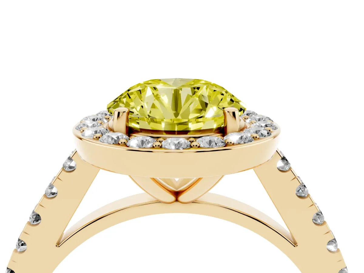 Fancy Yellow Round Cut Diamond Halo Ring with Round Pavé Split Shank and Prong Setting Yellow gold