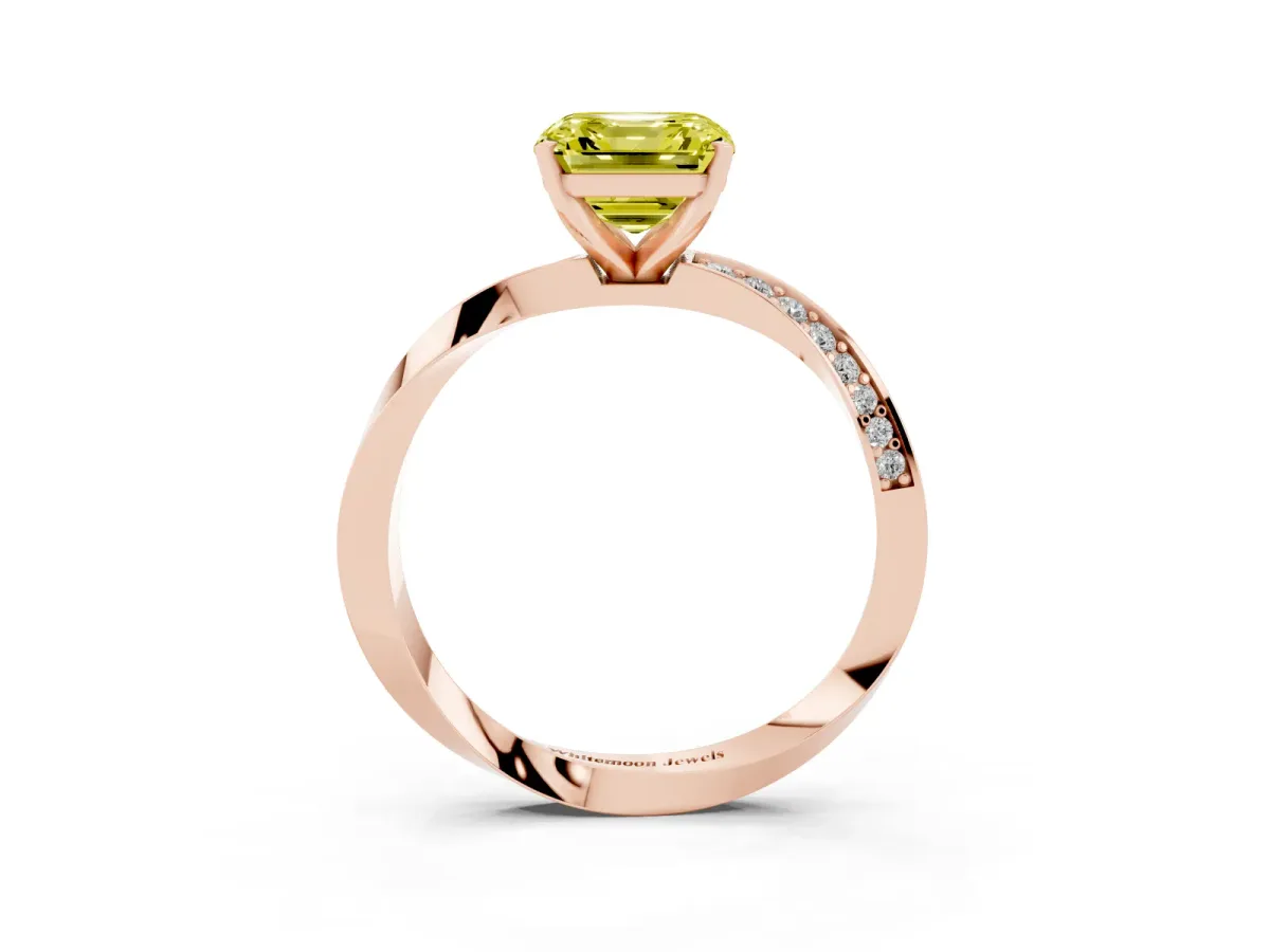 Fancy Yellow Asscher Cut Diamond Engagement Ring with Side Stone Accents and Four-Prong Setting Rose gold