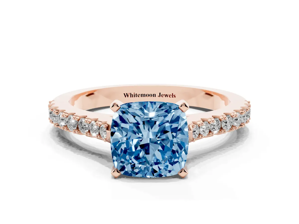 Fancy Blue Cushion Cut Cut Solitaire Diamond Engagement Ring with Pave Band and Four-Prong Setting Rose gold