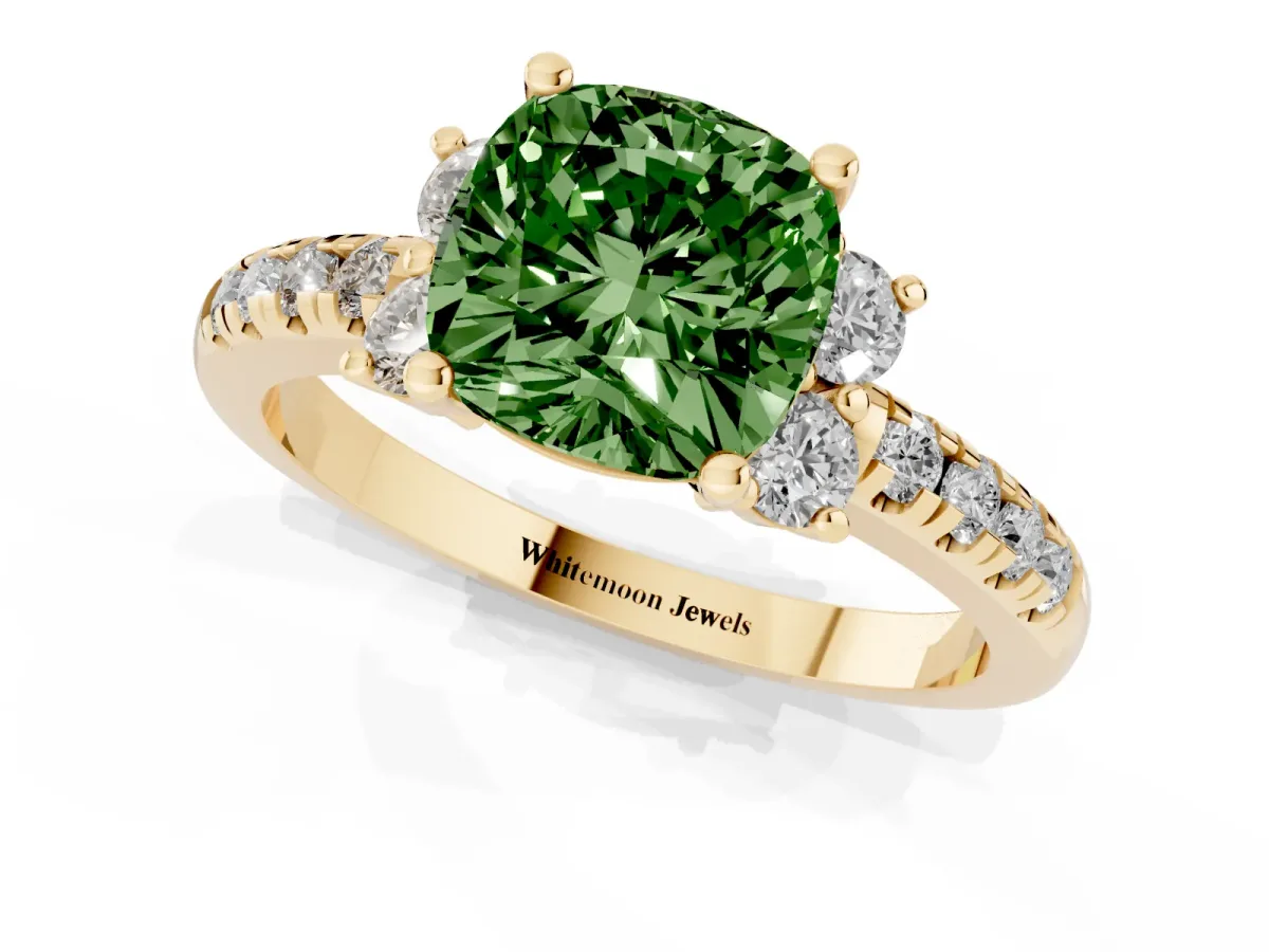 Fancy Green Cushion Cut Diamond Three-Stone Pave Band with Four-Prong Setting Yellow gold