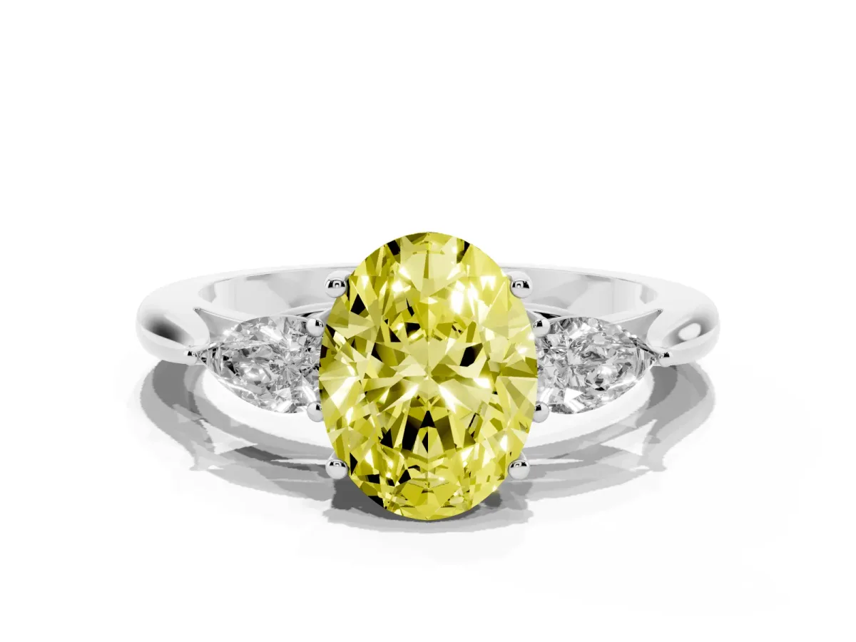 Fancy Yellow Three-Stone Oval Cut Diamond Ring with Pear Side Stones in Four-Prong Setting Silver
