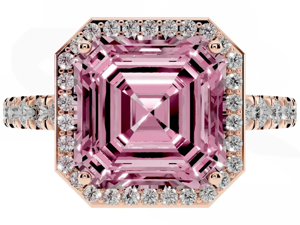 Fancy Pink Asscher Cut Cut Halo Diamond Engagement Ring with Pave Band and Four-Prong Setting Rose gold