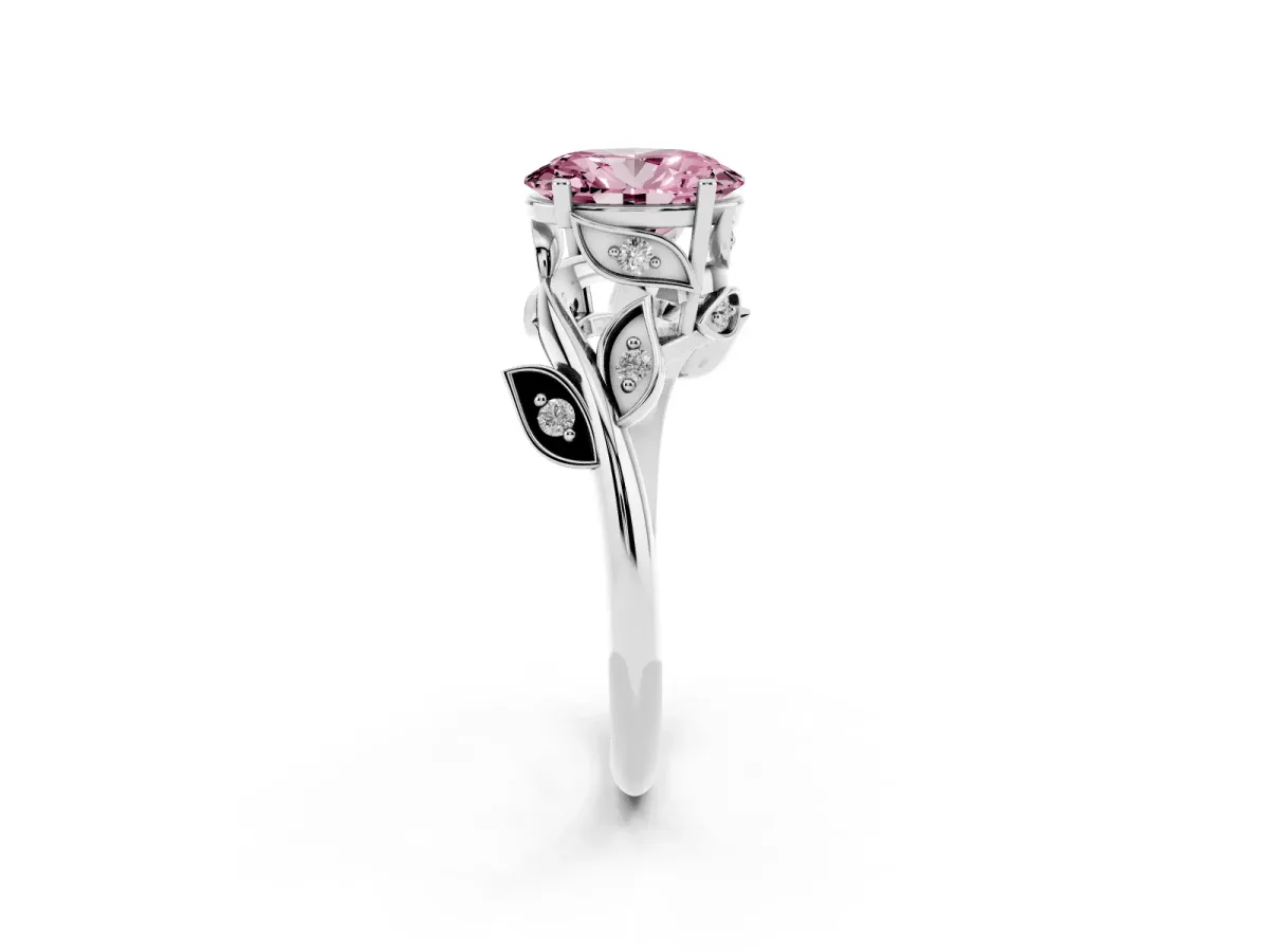 Fancy Pink Oval Cut Solitaire Twist Engagement Ring with Leaf Accents and Prong Setting Silver