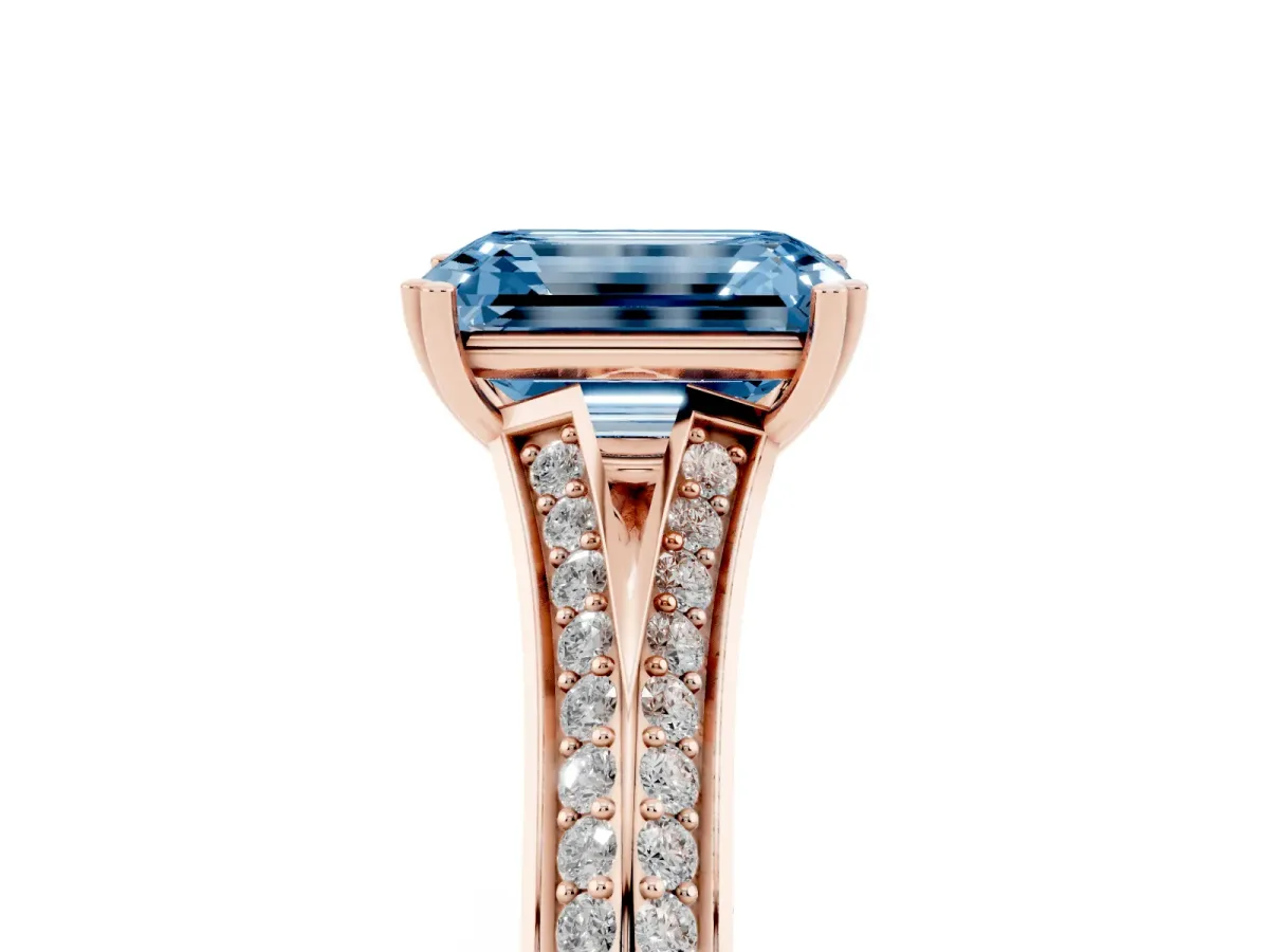 Fancy Blue Emerald Cut Diamond Split Shank Engagement Ring with Pavé Band Rose gold
