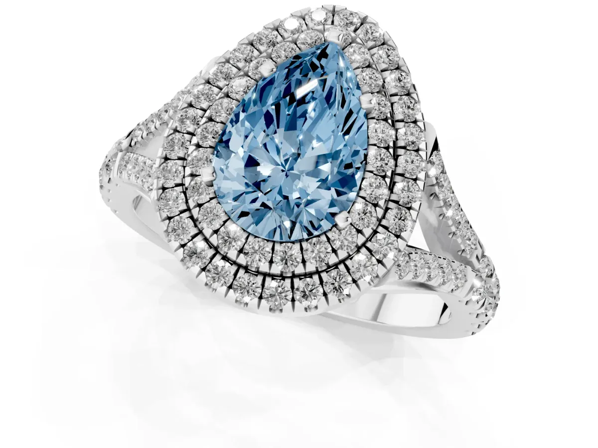 Fancy Blue Double Halo Pear Cut Diamond Split Shank Engagement Ring with Four-Prong Setting Silver