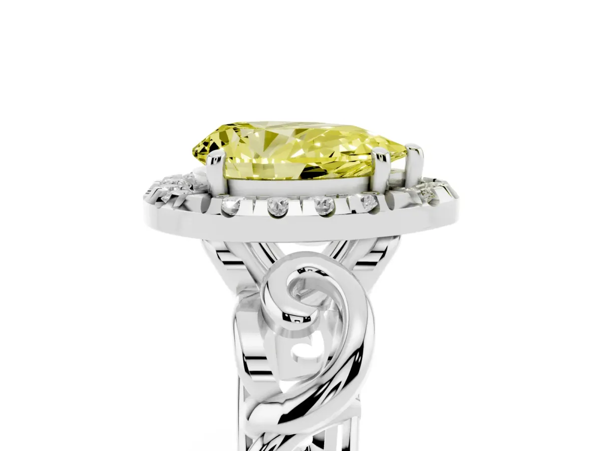 Fancy Yellow Pear Cut Cut Halo Diamond Ring with Scrollwork Band and Four-Prong Setting Silver