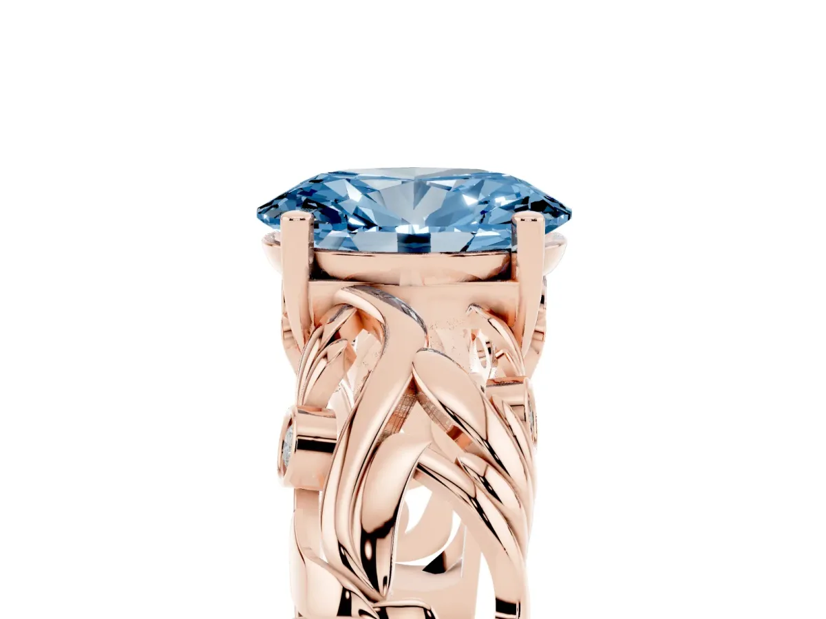 Fancy Blue Oval Cut Solitaire Diamond Leaf-Inspired Vine Band Ring with Prong Setting Rose gold