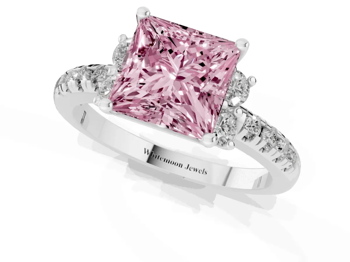 Fancy Pink Princess Cut Diamond Three-Stone Pave Band with Four-Prong Setting Silver