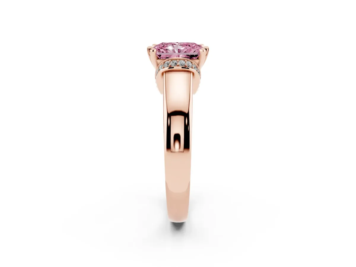 Fancy Pink Radiant Cut Solitaire Diamond Ring with Pave Band and Six-Prong Setting Rose gold