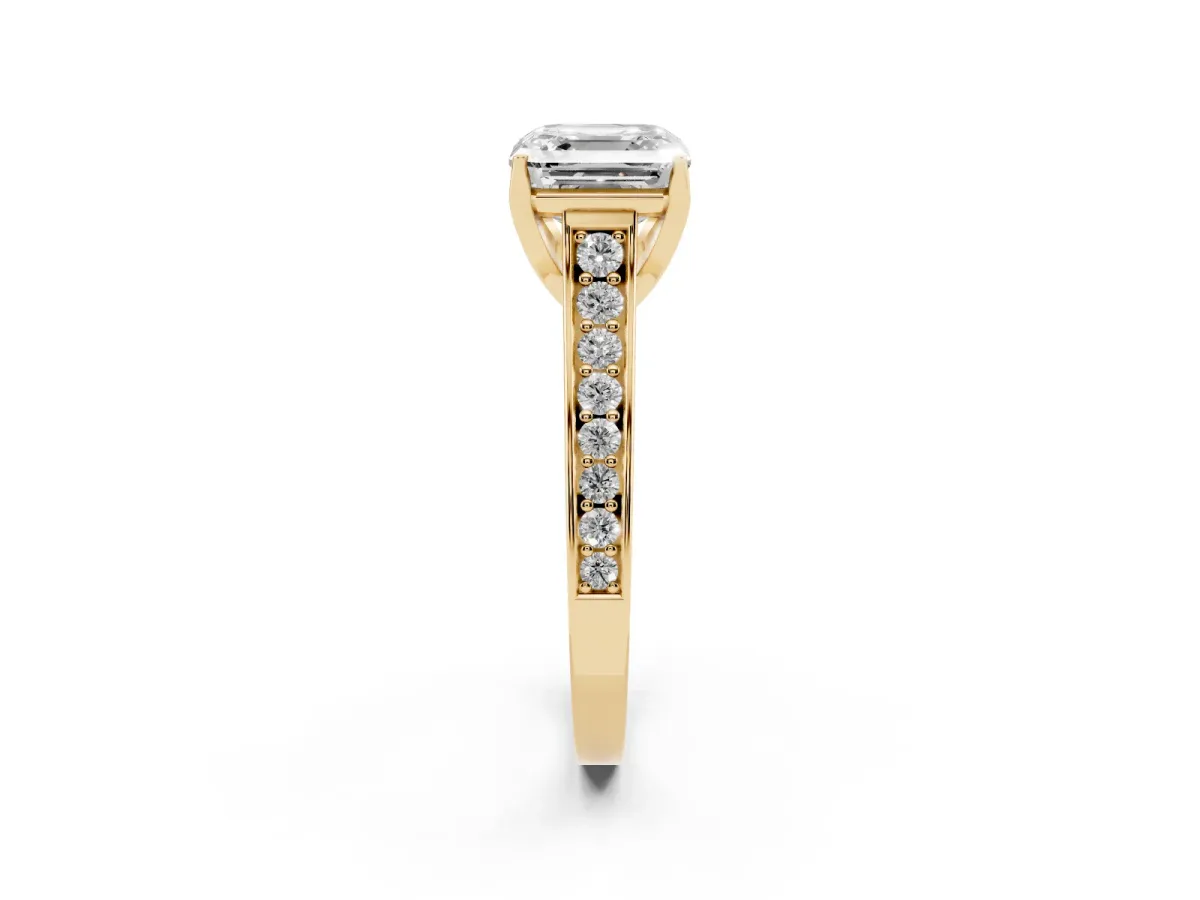 Asscher Cut Brilliant Cut Diamond Engagement Ring with Pavé Band and Four-Prong Setting Yellow gold