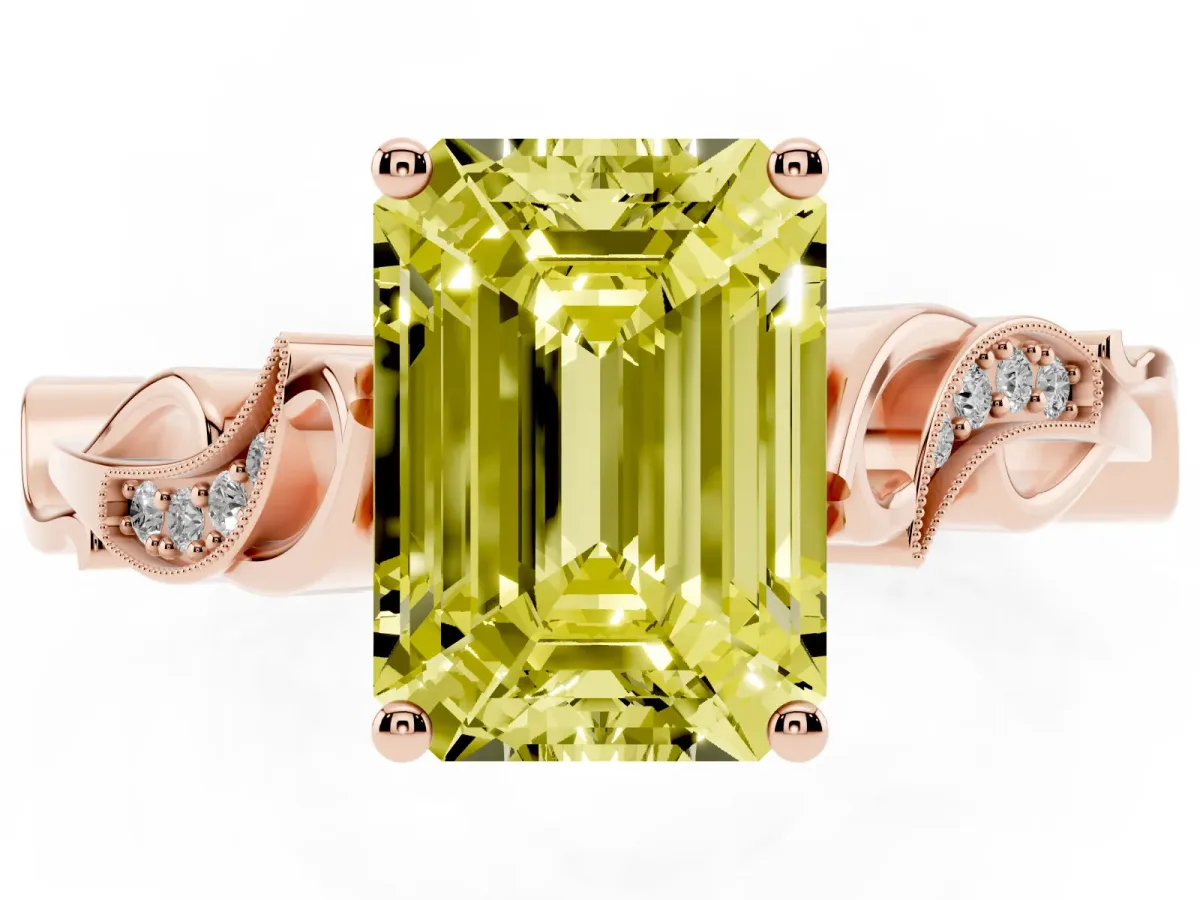 Fancy Yellow Emerald Cut Solitaire Vine Band with Milgrain Prong Setting Rose gold