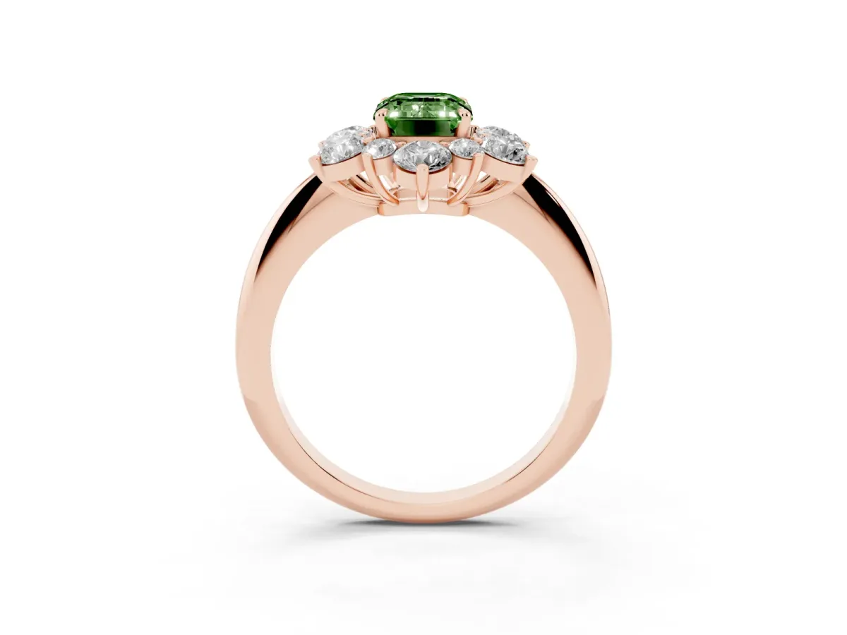 Fancy Green Emerald Cut Diamond Cluster Halo Ring with Solitaire Band and Four-Prong Setting Rose gold