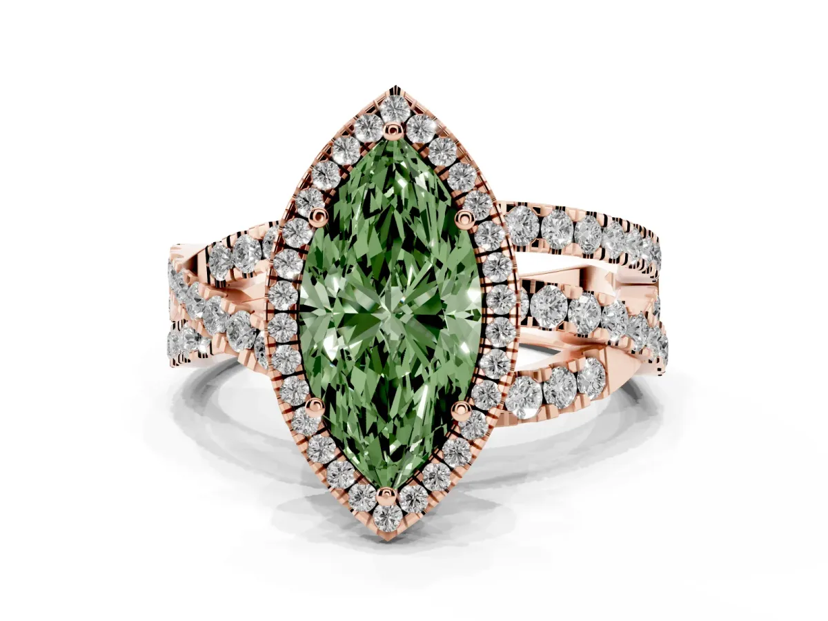 Fancy Green Marquise Cut Diamond Halo Ring with Round Split Shank and Prong Setting Rose gold