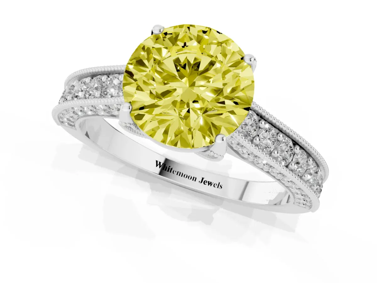 Fancy Yellow Round Cut Cut Diamond Solitaire Ring with Milgrain Pave Band and Four Prong Setting Silver