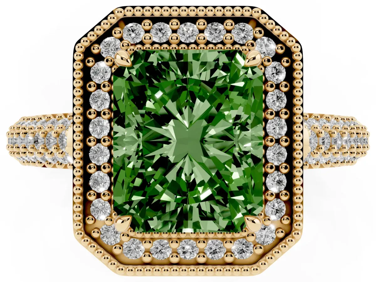 Fancy Green Radiant Cut Cut Halo Diamond Pave Band with Four-Prong Setting Yellow gold