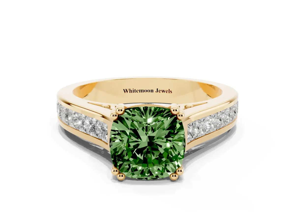 Fancy Green Cushion Cut Cut Channel Set Solitaire Engagement Ring with Prong Setting Yellow gold