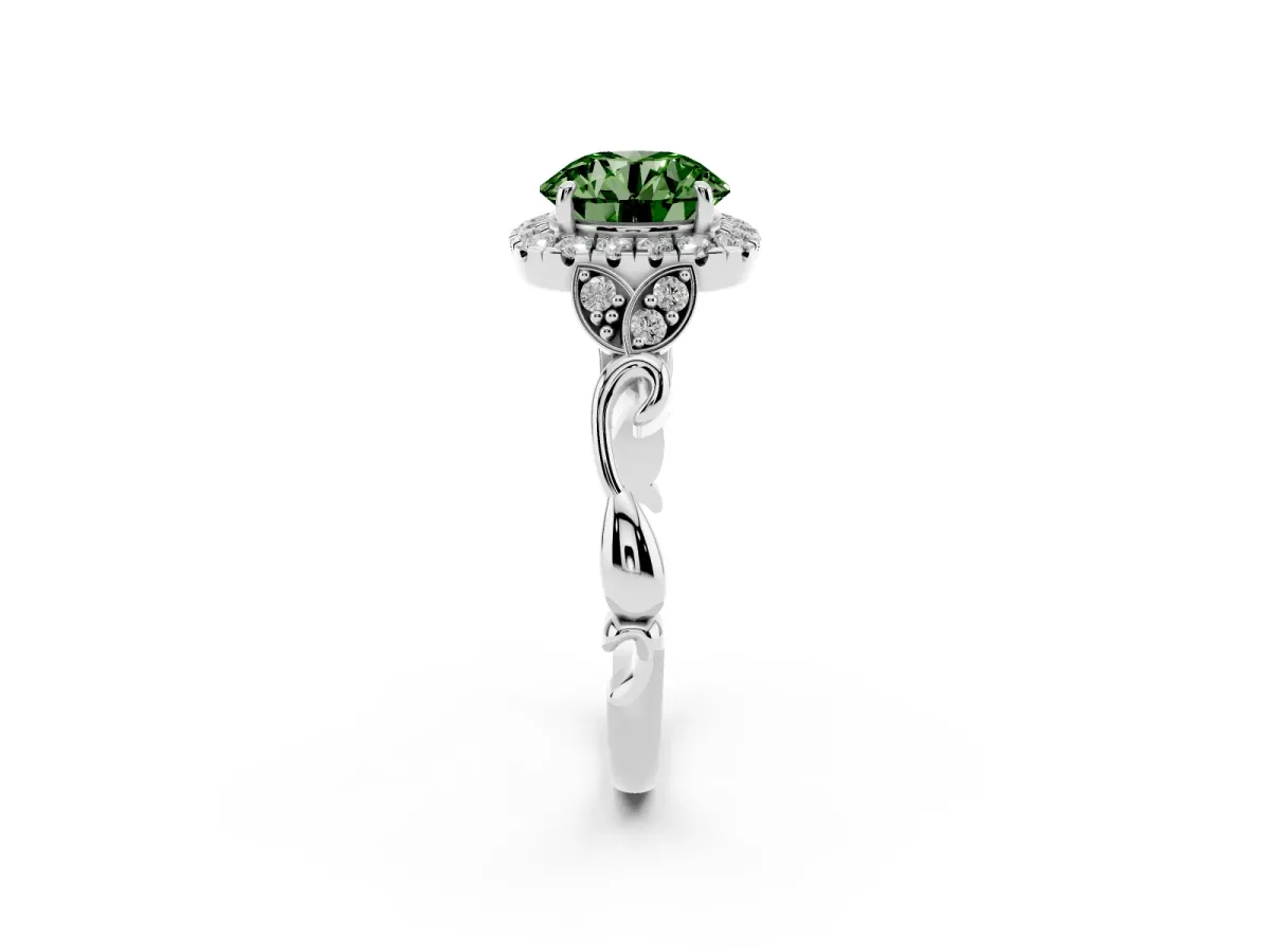Fancy Green Round Cut Halo Diamond Engagement Ring with Vintage-Inspired Band and Four-Prong Setting Silver