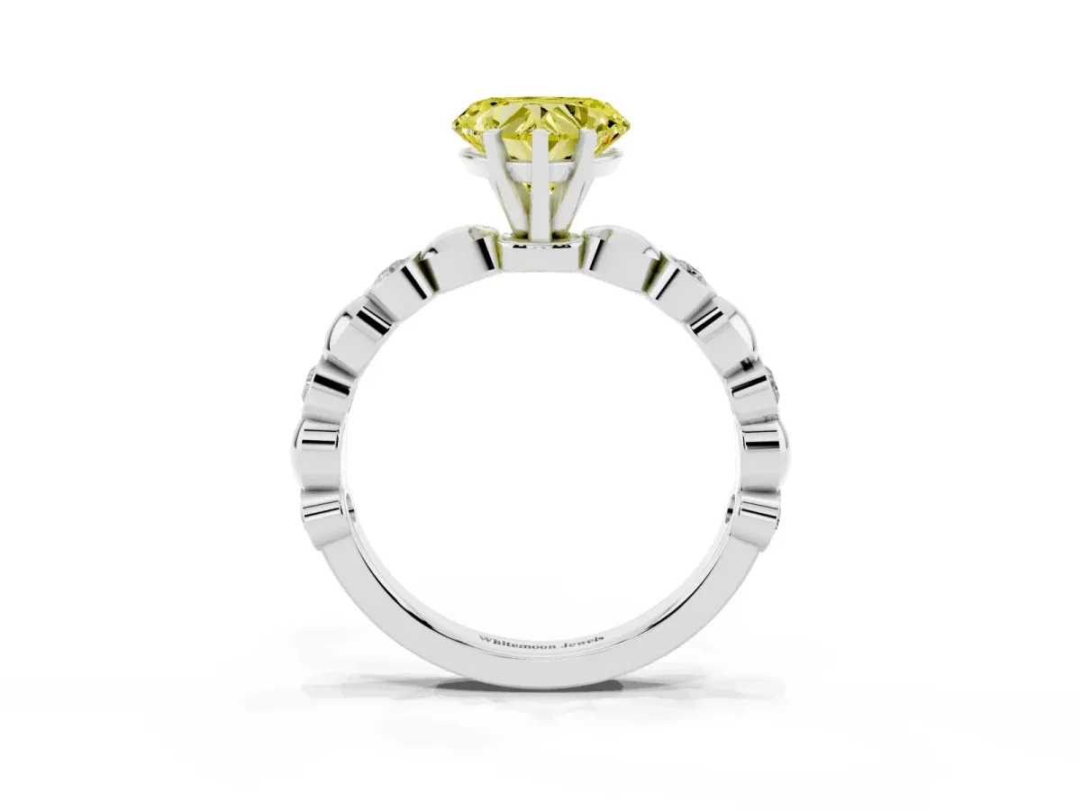 Fancy Yellow Heart Cut Solitaire Bezel-Set Diamond Ring with Beaded Band and Four-Prong Setting Silver
