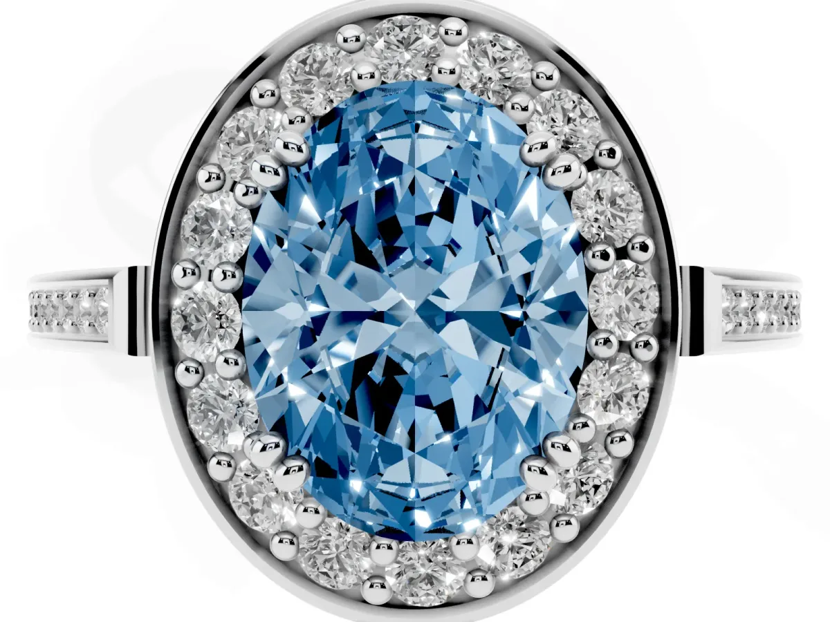 Fancy Blue Oval Cut Diamond Halo Ring with Split Shank and Four-Prong Setting White gold