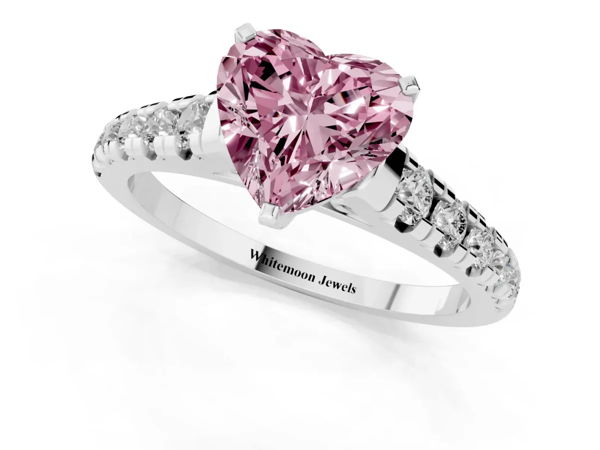 Fancy Pink Heart Cut Diamond Cathedral Solitaire Ring with Round Pavé Band Silver
