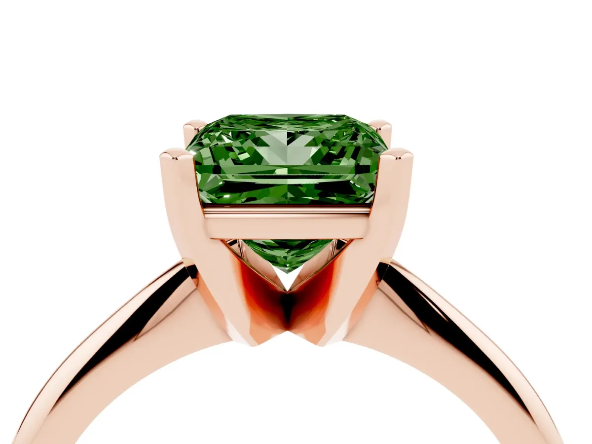 Fancy Green Princess Cut Cut Solitaire Ring with Four-Prong Setting on a Classic Band Rose gold