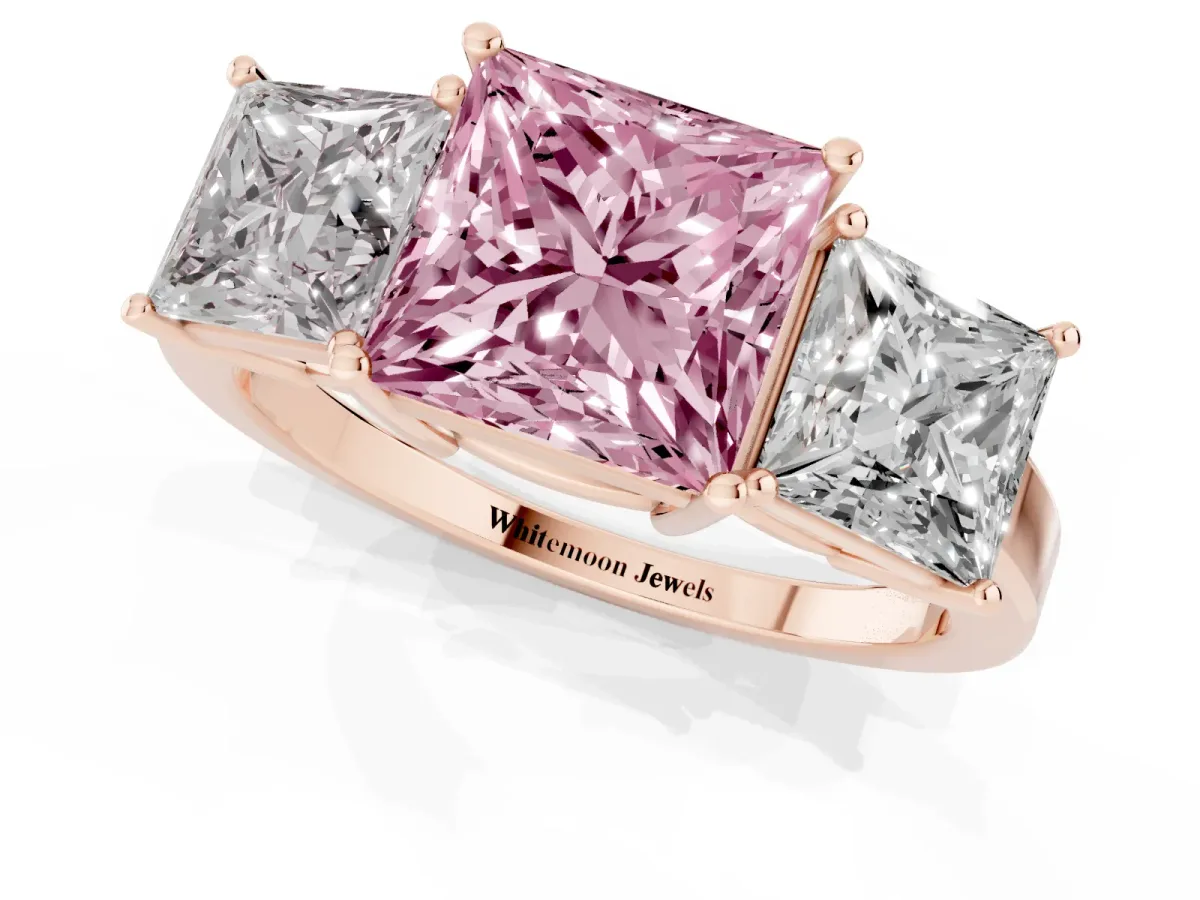 Fancy Pink Three-Stone Princess Cut Cut Diamond Engagement Ring with Flat Band and Four-Prong Setting Rose gold