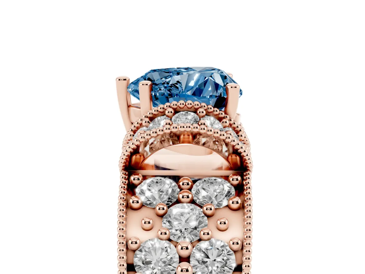 Fancy Blue Heart Cut Halo Pave Diamond Engagement Ring with Milgrain Detailing Rose gold