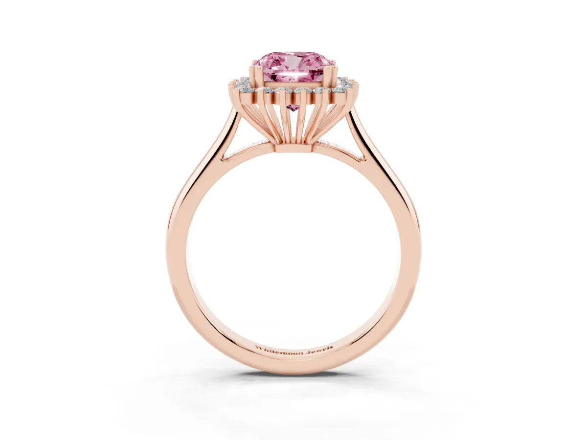 Fancy Pink Cushion Cut Cut Diamond Halo Ring with Solitaire Band and Prong Setting Rose gold