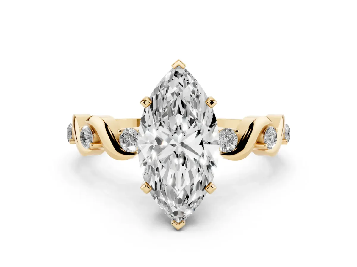 Marquise Cut Diamond Solitaire Twisted Band with Round Accents and Prong Setting Yellow gold