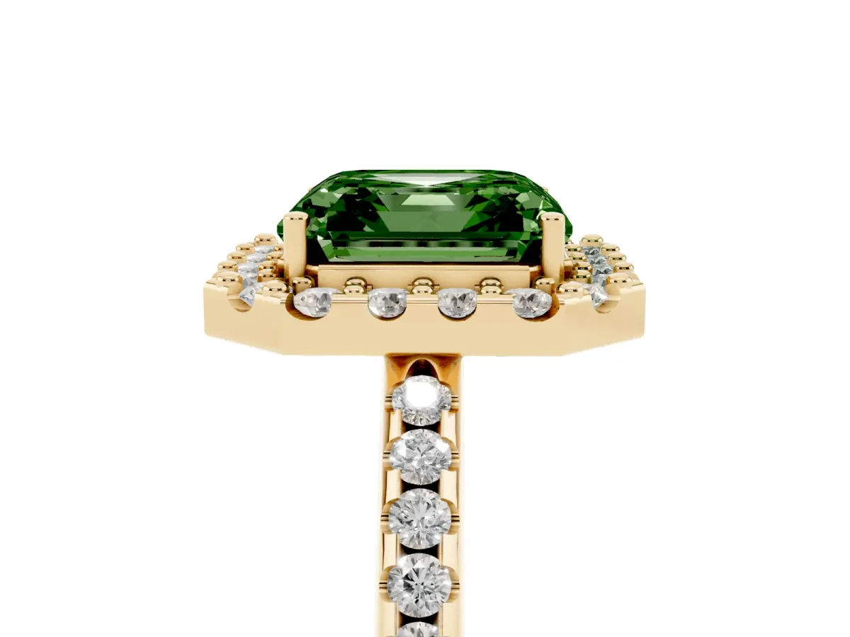 Fancy Green Asscher Cut Diamond Pavé Halo Ring with Four-Prong Setting Yellow gold