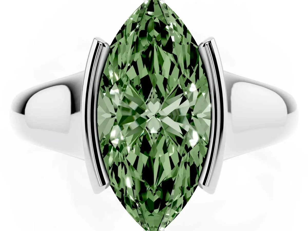 Fancy Green Marquise Cut Solitaire Tension Set Diamond Ring with Split Shank Band Platinum