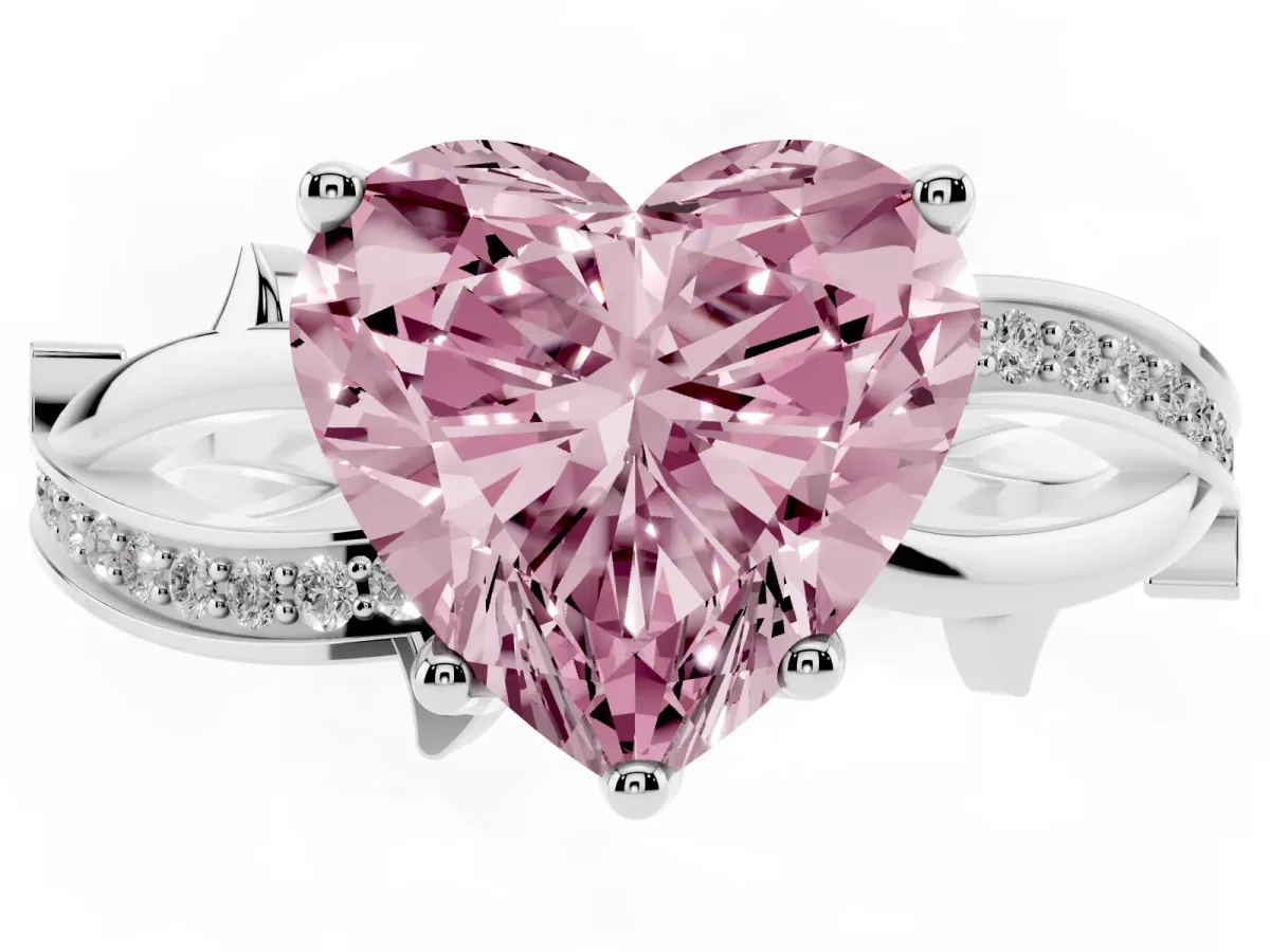 Fancy Pink Heart Cut Solitaire Twist Band with Pavé Accents and Four-Prong Setting Silver