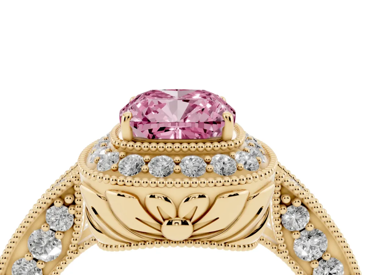 Fancy Pink Cushion Cut Halo Diamond Split Shank Ring with Milgrain Detail Yellow gold