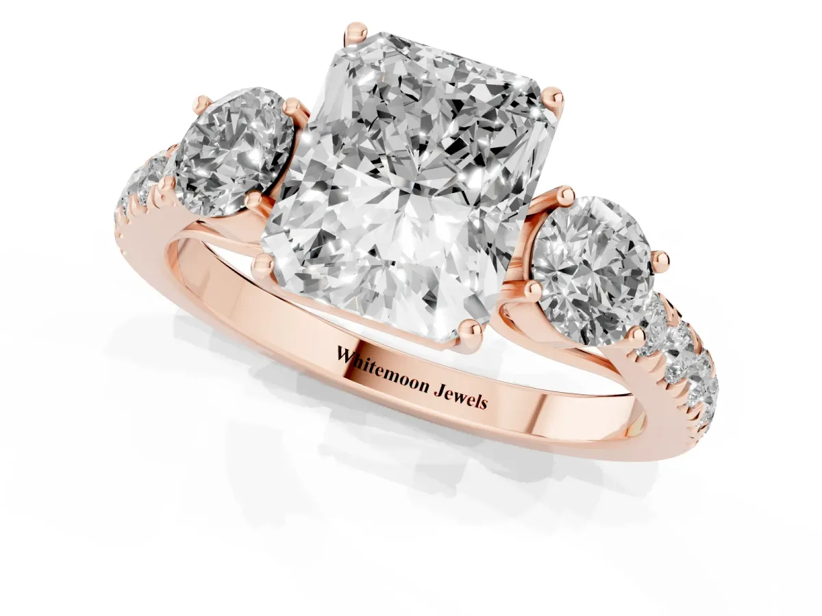 Radiant Cut Cut Diamond Three-Stone Ring with Round Side Stones and Pavé Band Rose gold