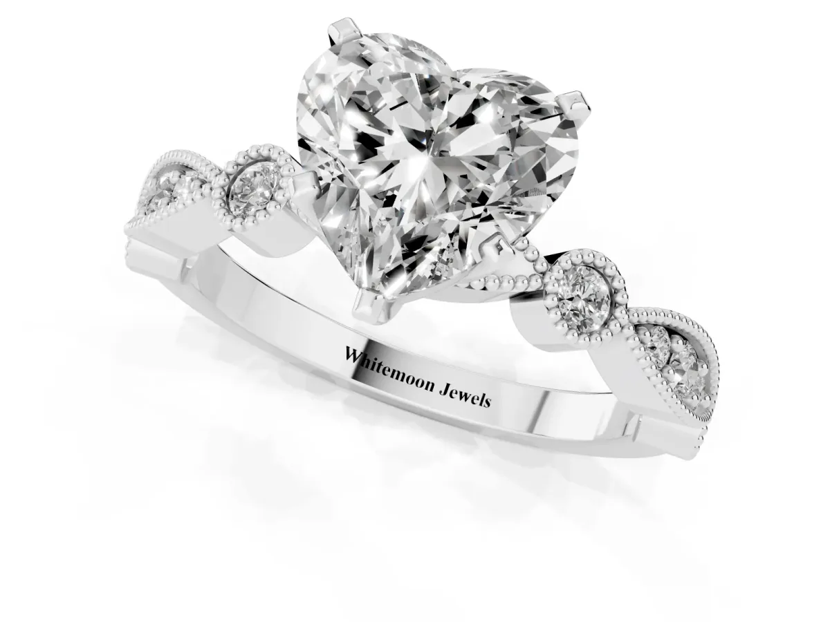 Heart Cut Milgrain Bezel Diamond Engagement Ring with Solitaire Prong Setting Silver